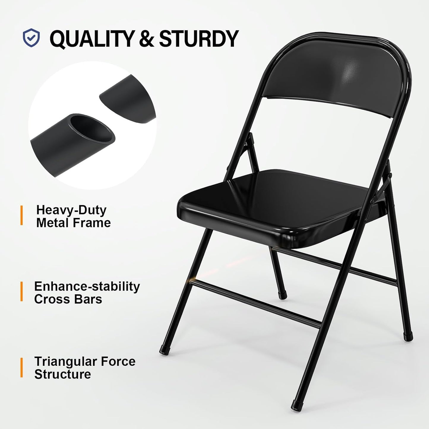 Close-up of black folding chair frame and seat – Carolina Party Essentials