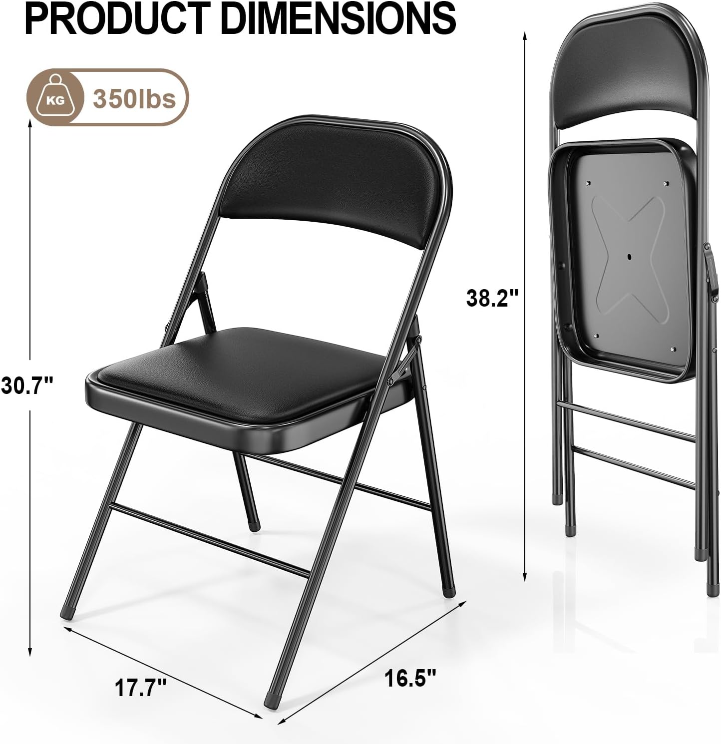 Close-up of black padded folding chair cushion and frame – party rental