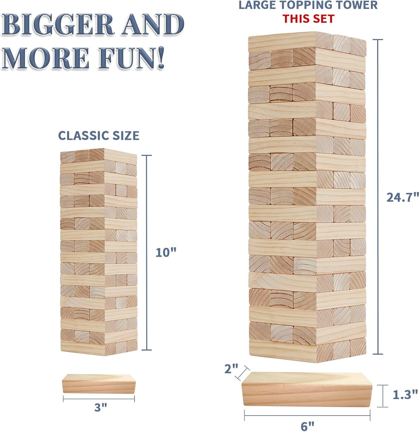 Giant Jenga tower being stacked during a backyard game