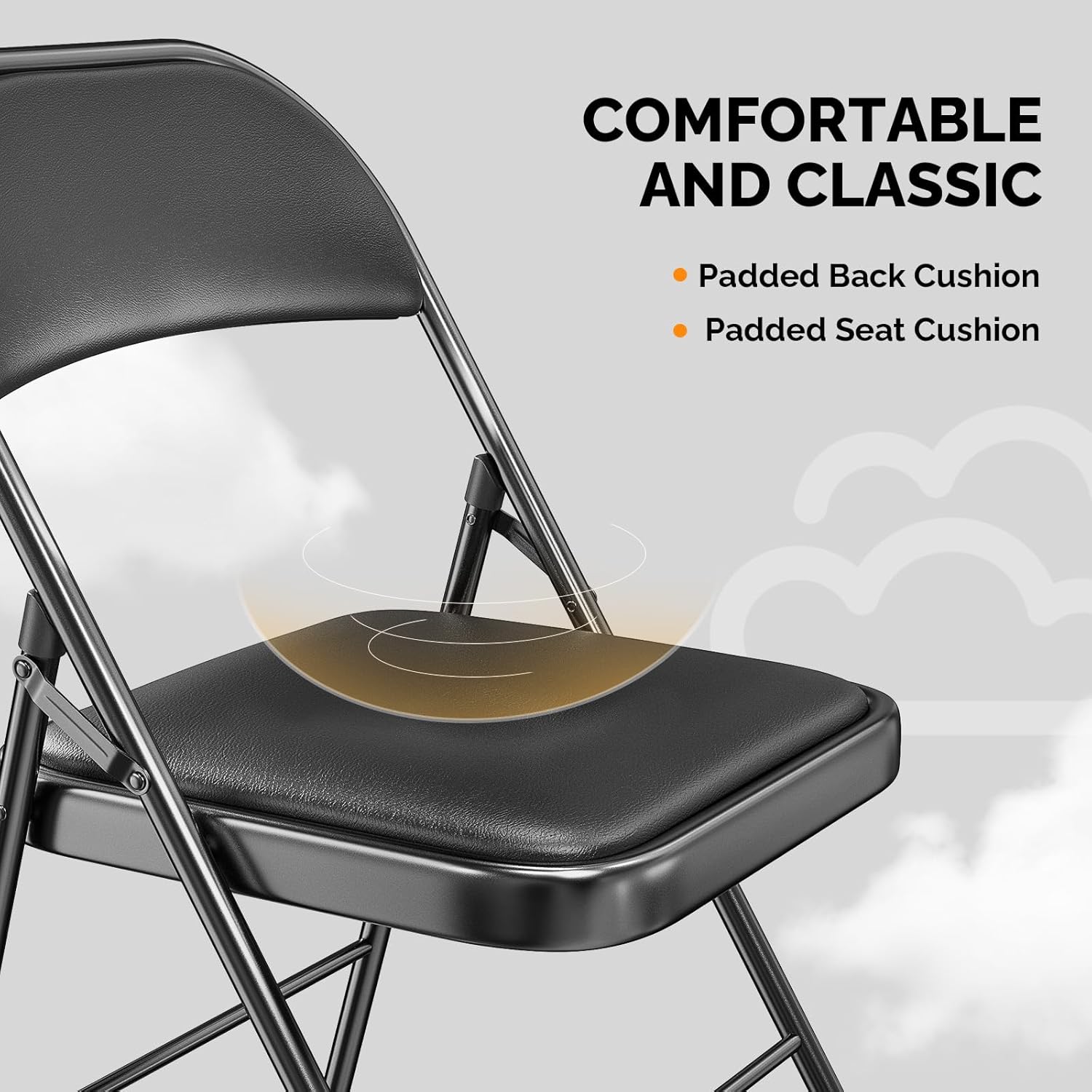 Stack of black padded folding chairs ready for delivery – Carolina Party Essentials