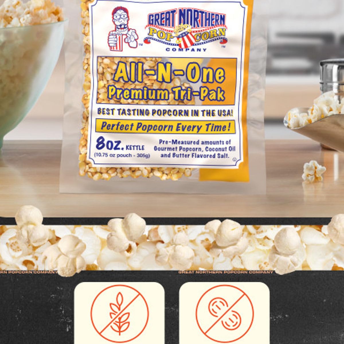 Box of Great Northern 8oz popcorn portion packs for popcorn machine rental