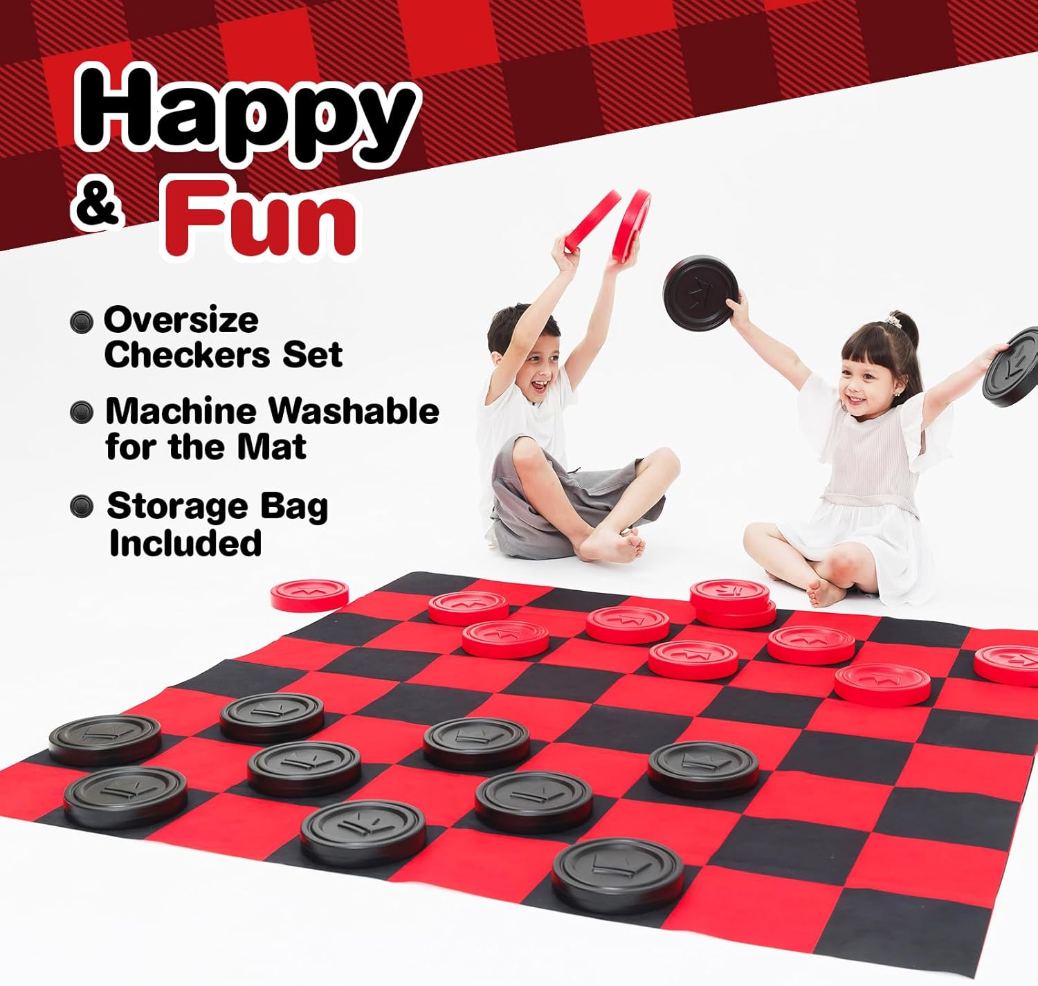 Giant checkers game being played at a family gathering