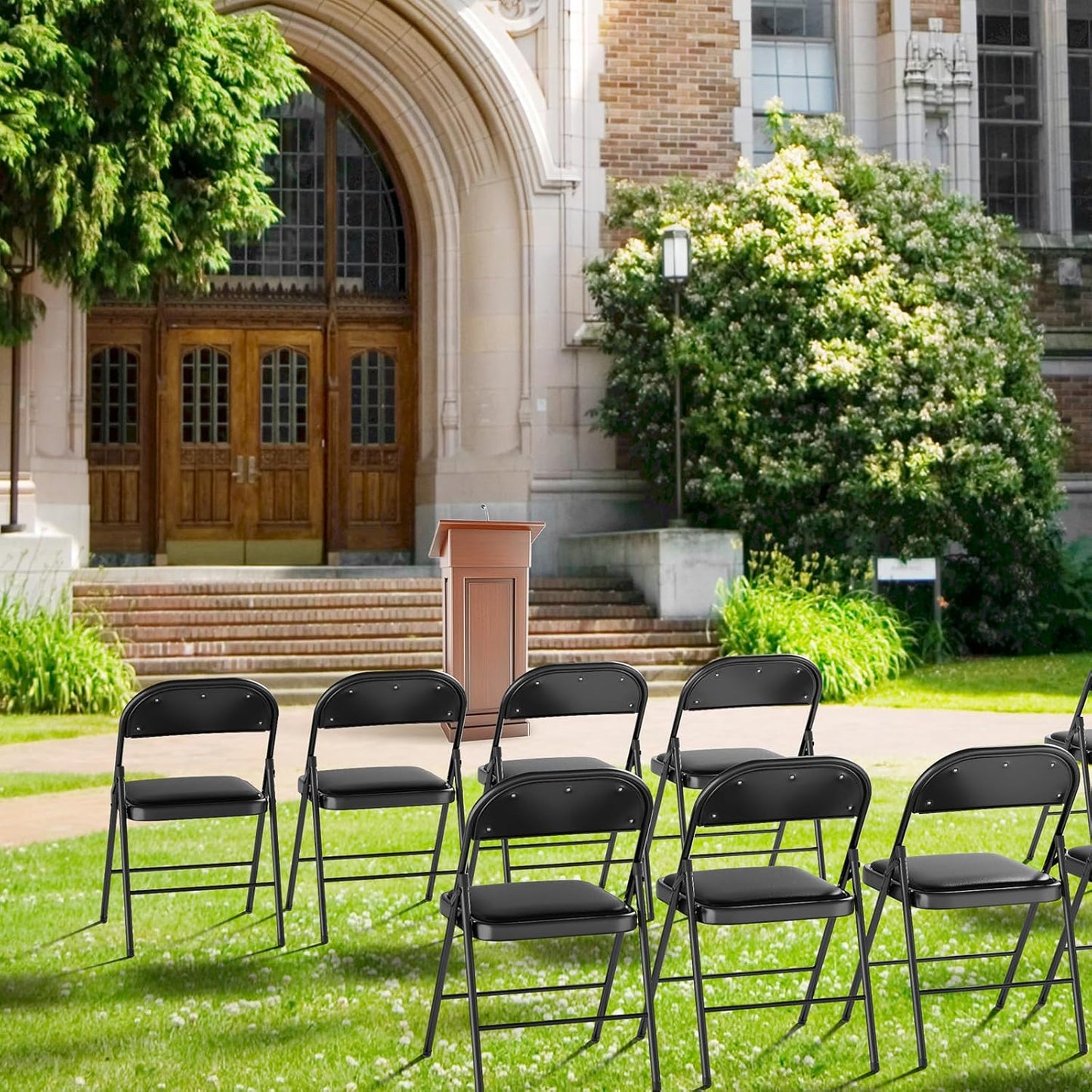 Black padded folding chairs arranged at a wedding reception near Charlotte NC