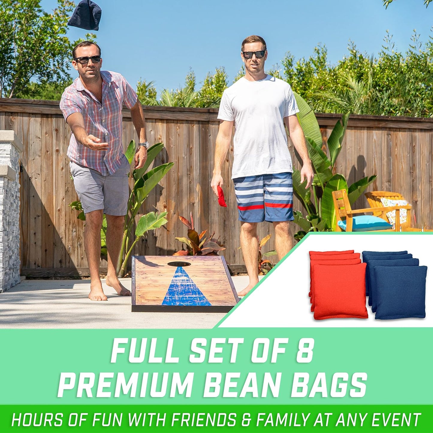 Close-up of cornhole board surface and bean bags – Carolina Party Essentials