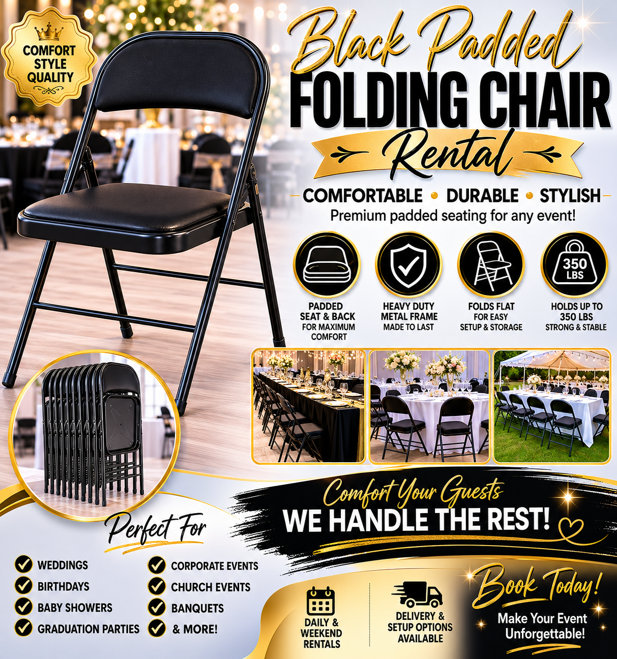 Black padded folding chairs set up in rows for an event in Concord NC
