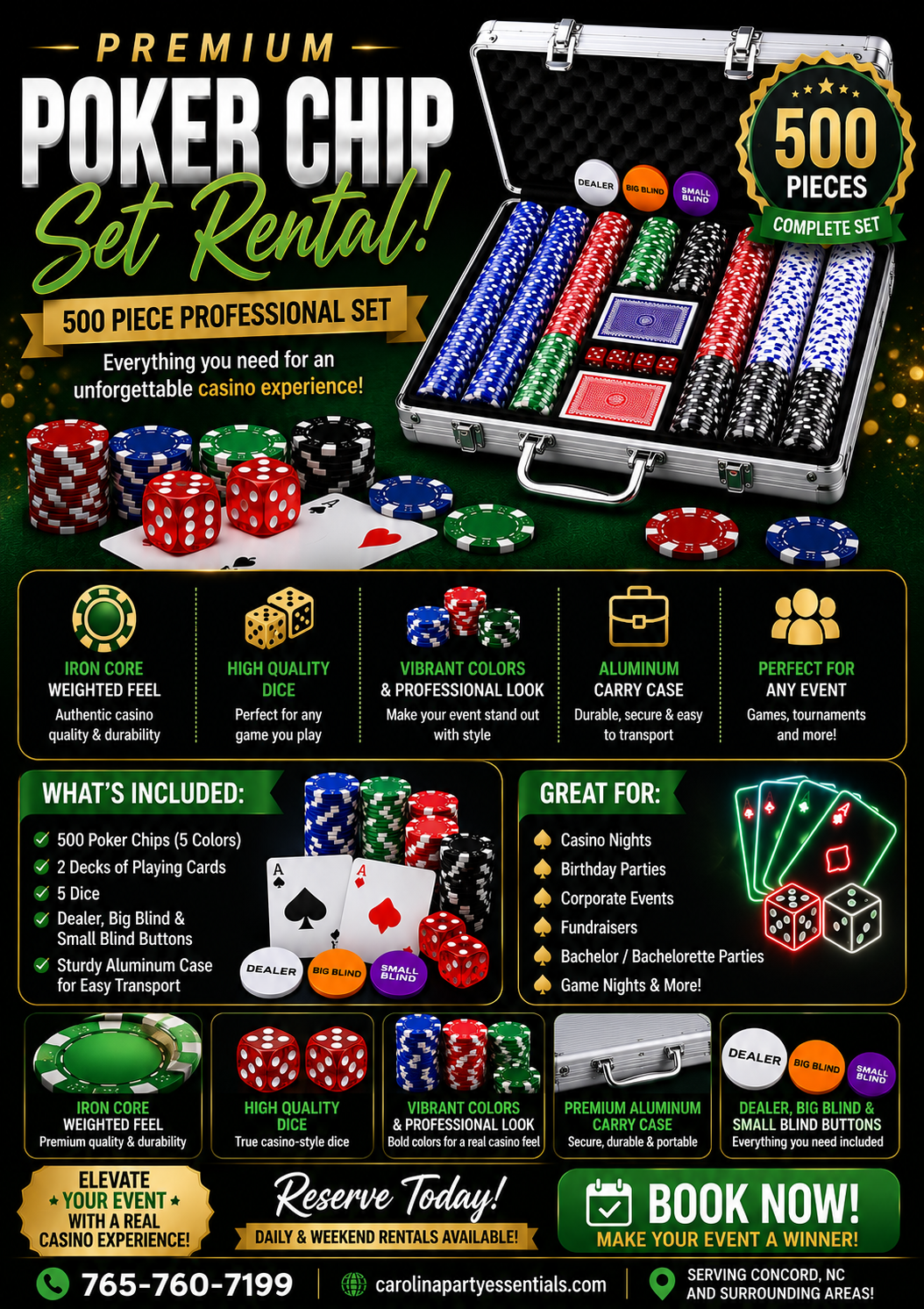 Poker chips and case rental for casino theme parties near Charlotte NC