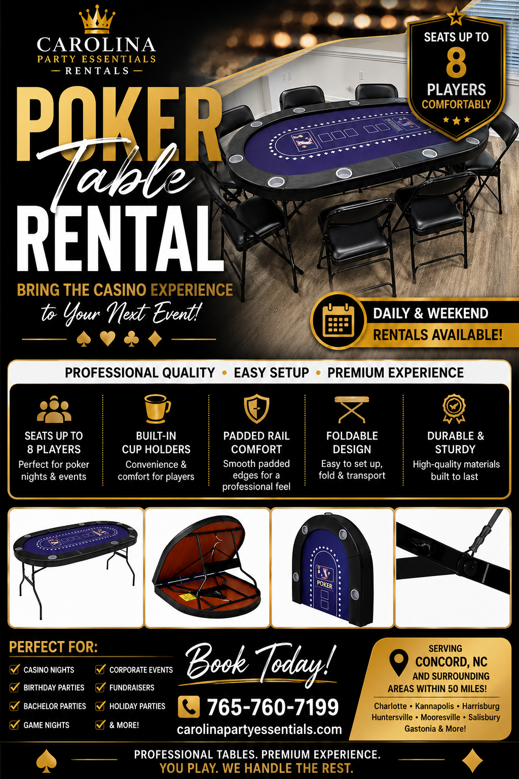 Poker table rental setup for casino night party in Concord, NC