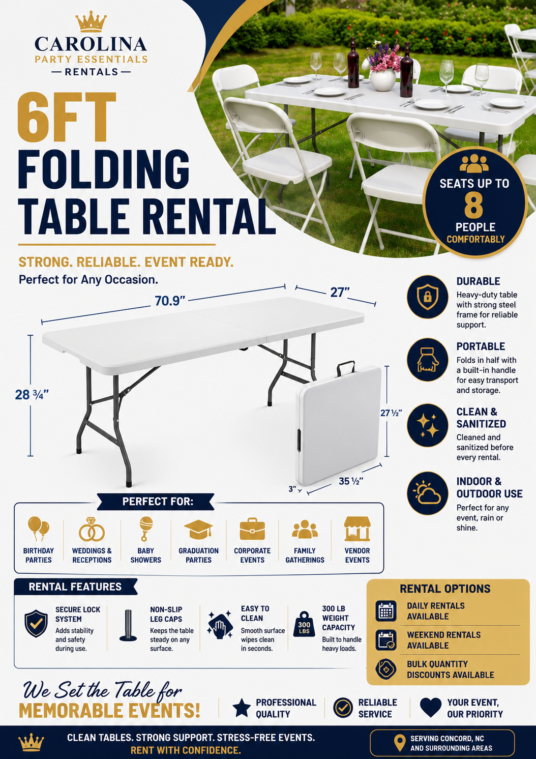 6ft folding tables set up with linens for an event near Charlotte NC