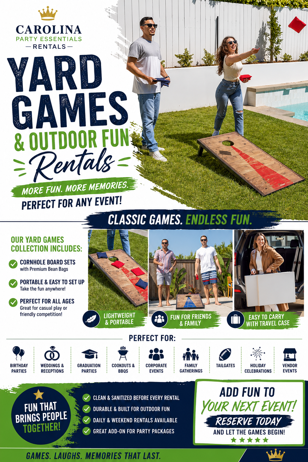 Cornhole board rental dimensions and setup for yard games