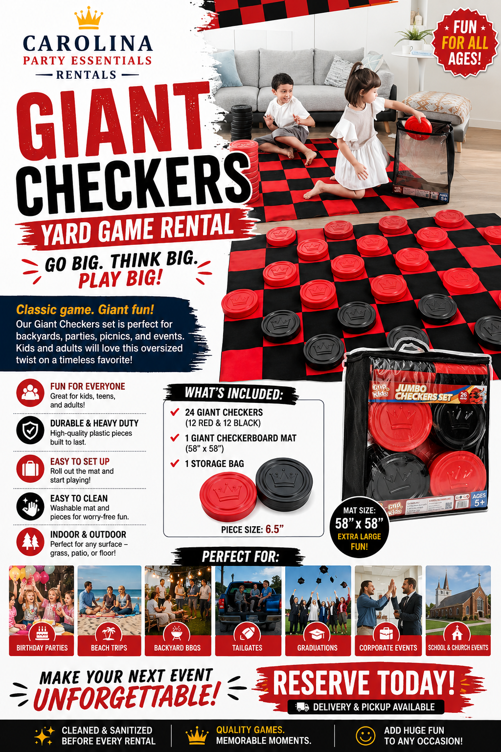 Giant checkers board set up on a lawn for a party near Charlotte NC