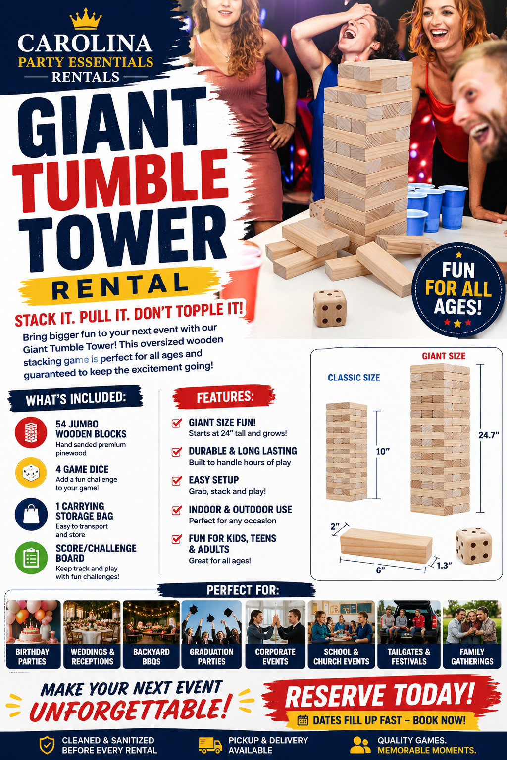 Giant Jenga game set up at an outdoor party near Charlotte NC