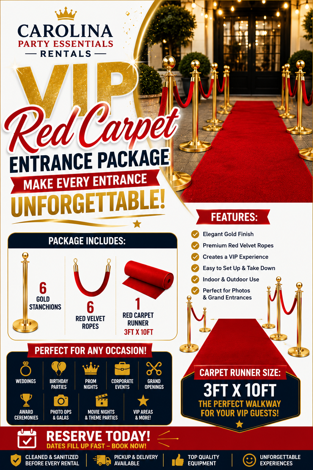 Red carpet runner and velvet ropes set up for an event entrance near Charlotte NC