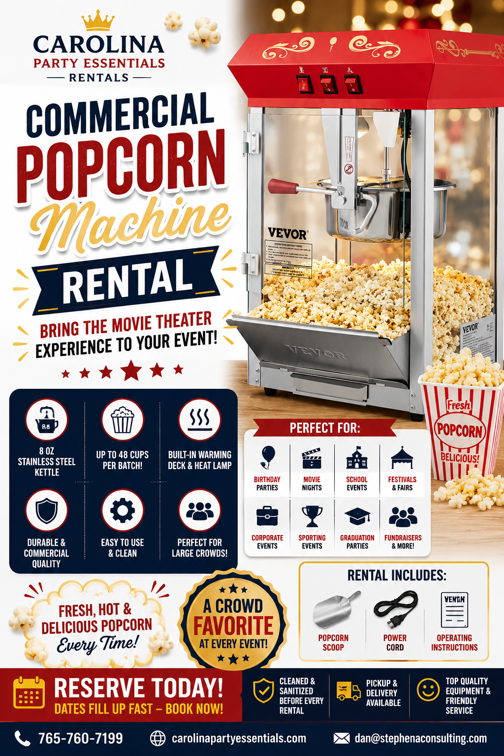 Popcorn machine set up at a movie night party near Charlotte NC