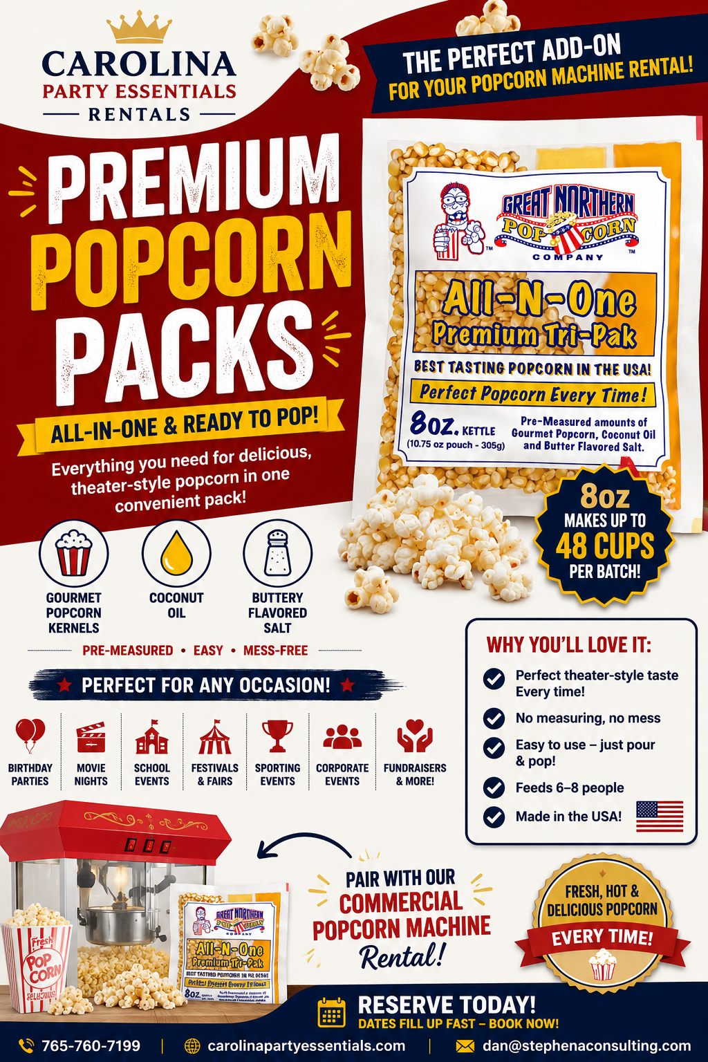 Popcorn portion packs ready to pop for a party near Charlotte NC