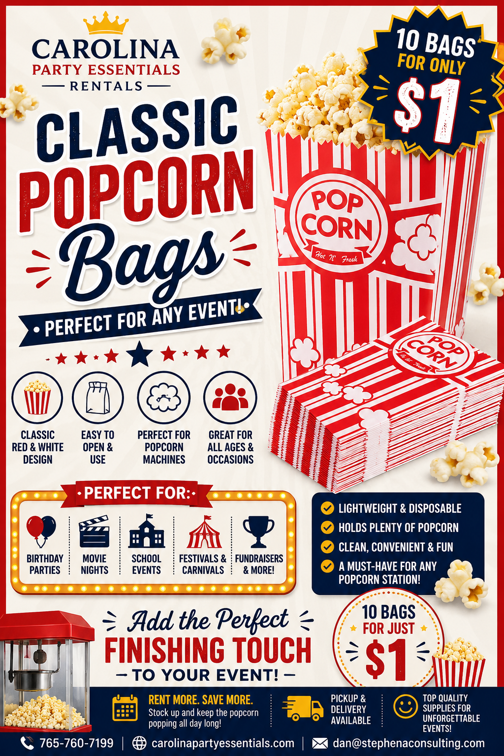 Classic red and white popcorn bags filled with popcorn for a party